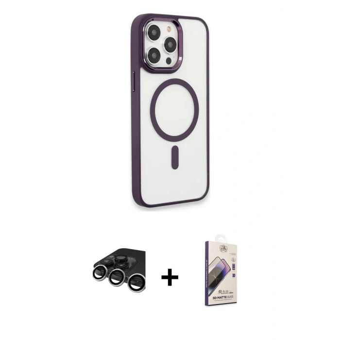 MARSİLYAN™- iPhone 15 Pro Max Kılıf Yankı Işık Özel Seri - Siyah Bilvis 3D Mat Cam Ekran Koruyucu + Gümüş Raze Metal Kamera Lens