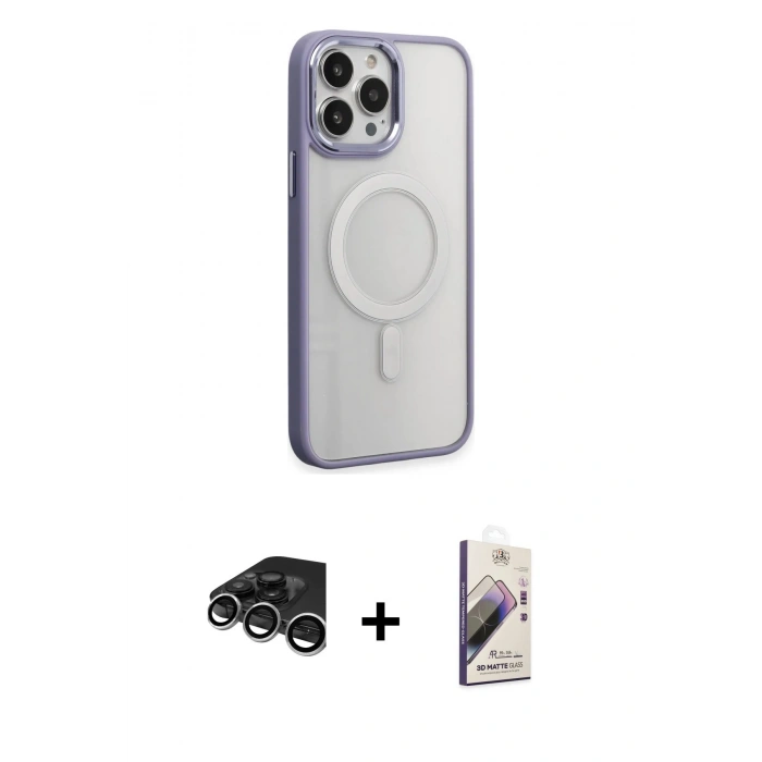 MARSİLYAN™- iPhone 15 Pro Max Kılıf Yankı Işık Özel Seri - Siyah Bilvis 3D Mat Cam Ekran Koruyucu + Gümüş Raze Metal Kamera Lens