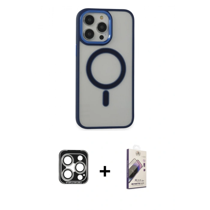 MARSİLYAN™- iPhone 15 Pro Max Kılıf Yankı Işık Özel Seri - Siyah Bilvis 3D Mat Cam Ekran Koruyucu + PVD Metal Kamera Lens - GS