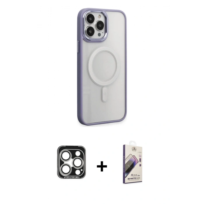 MARSİLYAN™- iPhone 15 Pro Max Kılıf Yankı Işık Özel Seri - Siyah Bilvis 3D Mat Cam Ekran Koruyucu + PVD Metal Kamera Lens - GS