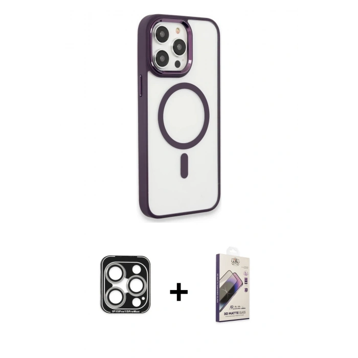 MARSİLYAN™- iPhone 15 Pro Max Kılıf Yankı Işık Özel Seri - Siyah Bilvis 3D Mat Cam Ekran Koruyucu + PVD Metal Kamera Lens - GS