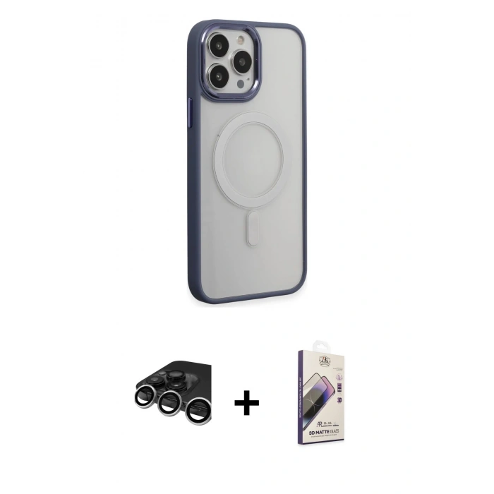 MARSİLYAN™- iPhone 15 Pro Max Kılıf Yankı Işık Özel Seri - Siyah Bilvis 3D Mat Cam Ekran Koruyucu + Gümüş Raze Metal Kamera Lens