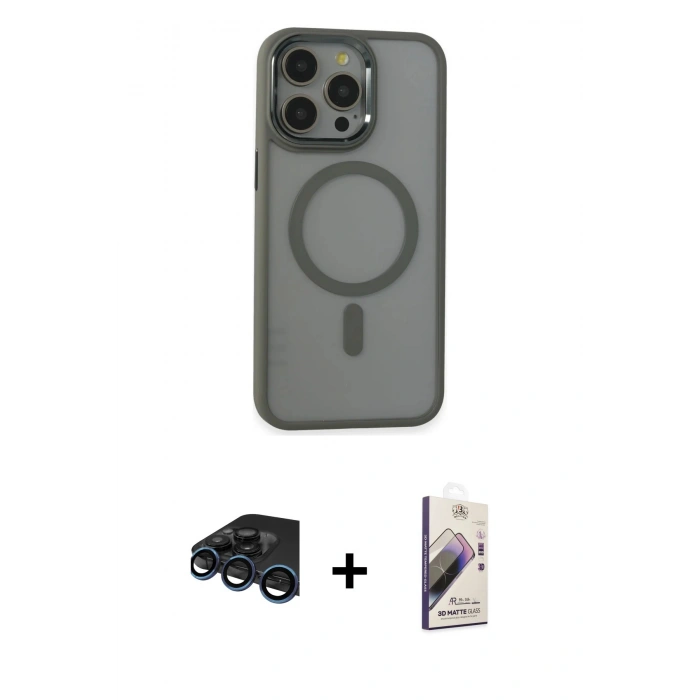 MARSİLYAN™- iPhone 15 Pro Max Kılıf Yankı Işık Özel Seri - Siyah Bilvis 3D Mat Cam Ekran Koruyucu + Raze Metal Kamera Lens - LT