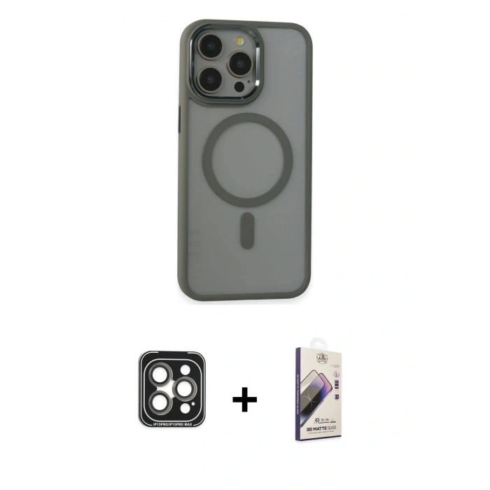 MARSİLYAN™- iPhone 15 Pro Max Kılıf Yankı Işık Özel Seri - Siyah Bilvis 3D Mat Cam Ekran Koruyucu + PVD Metal Kamera Lens - GI