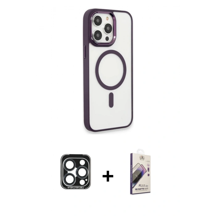 MARSİLYAN™- iPhone 15 Pro Max Kılıf Yankı Işık Özel Seri - Siyah Bilvis 3D Mat Cam Ekran Koruyucu + PVD Metal Kamera Lens - LT