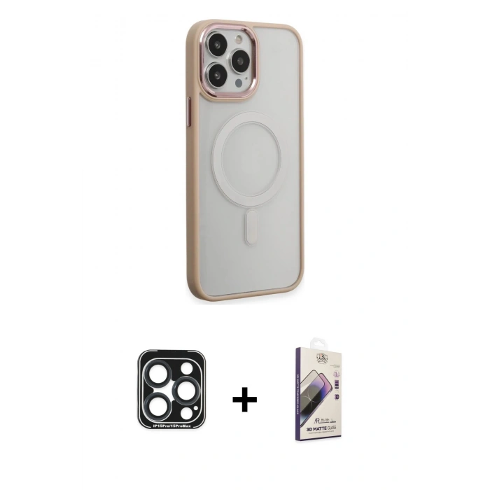 MARSİLYAN™- iPhone 15 Pro Max Kılıf Yankı Işık Özel Seri - Siyah Bilvis 3D Mat Cam Ekran Koruyucu + PVD Metal Kamera Lens - LT
