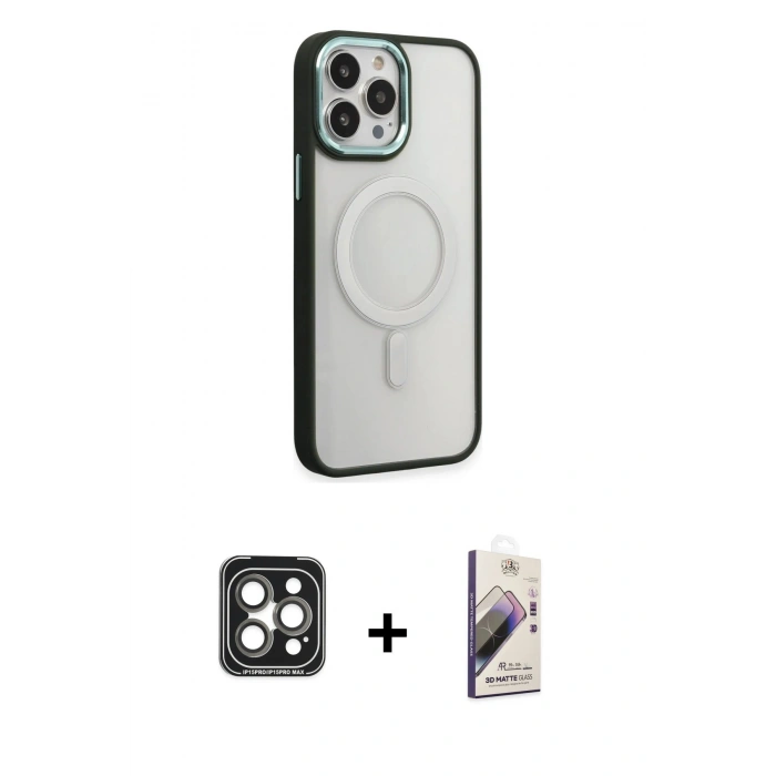 MARSİLYAN™- iPhone 15 Pro Max Kılıf Yankı Işık Özel Seri - Siyah Bilvis 3D Mat Cam Ekran Koruyucu + PVD Metal Kamera Lens - GI