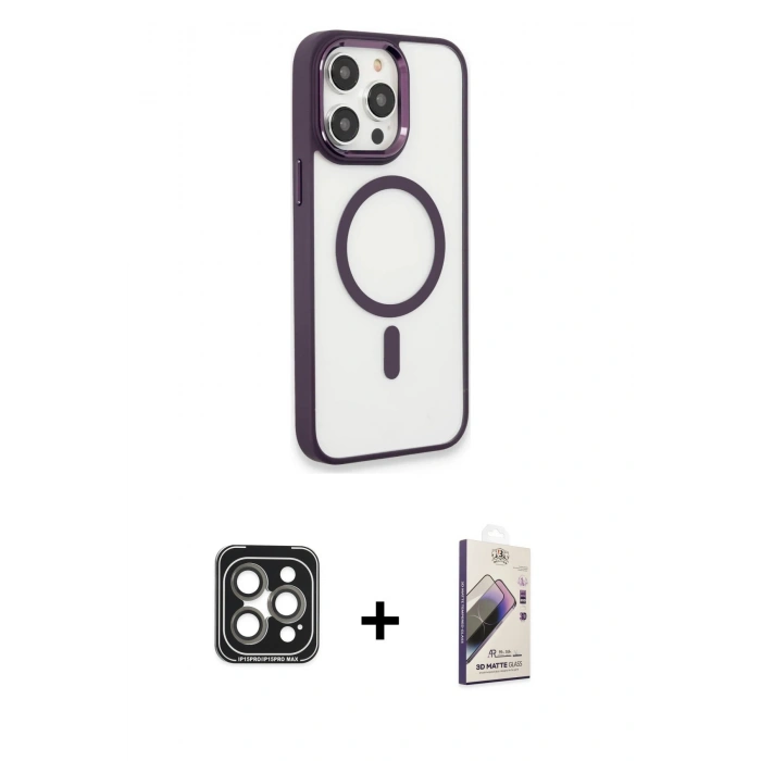 MARSİLYAN™- iPhone 15 Pro Max Kılıf Yankı Işık Özel Seri - Siyah Bilvis 3D Mat Cam Ekran Koruyucu + PVD Metal Kamera Lens - GI