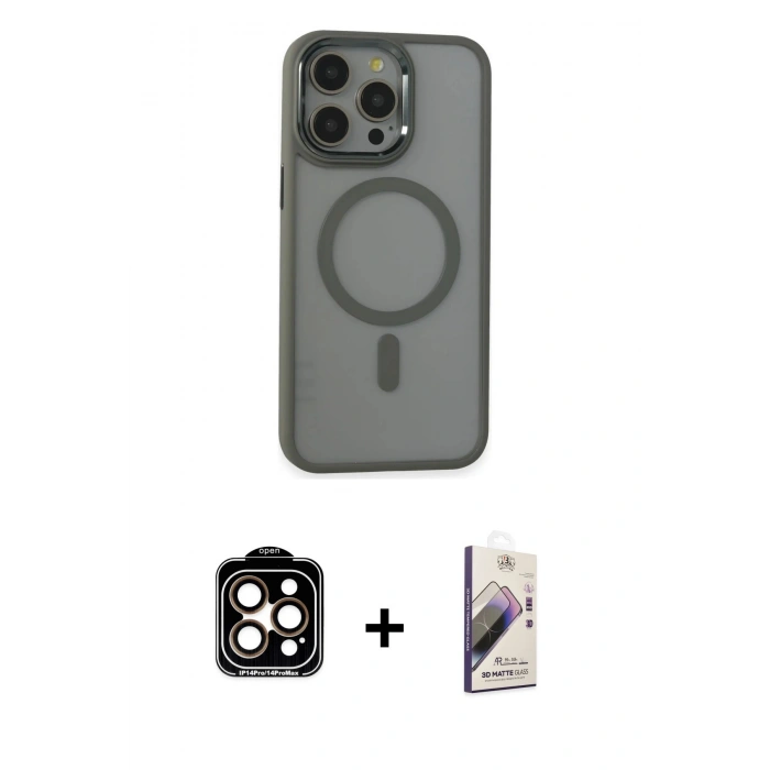 MARSİLYAN™- iPhone 15 Pro Max Kılıf Yankı Işık Özel Seri - Siyah Bilvis 3D Mat Cam Ekran Koruyucu + PVD Metal Kamera Lens - TU