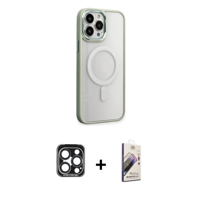 MARSİLYAN™- iPhone 15 Pro Max Kılıf Yankı Işık Özel Seri - Siyah Bilvis 3D Mat Cam Ekran Koruyucu + PVD Metal Kamera Lens - LT