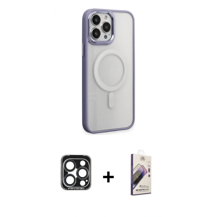 MARSİLYAN™- iPhone 15 Pro Max Kılıf Yankı Işık Özel Seri - Siyah Bilvis 3D Mat Cam Ekran Koruyucu + PVD Metal Kamera Lens - LT