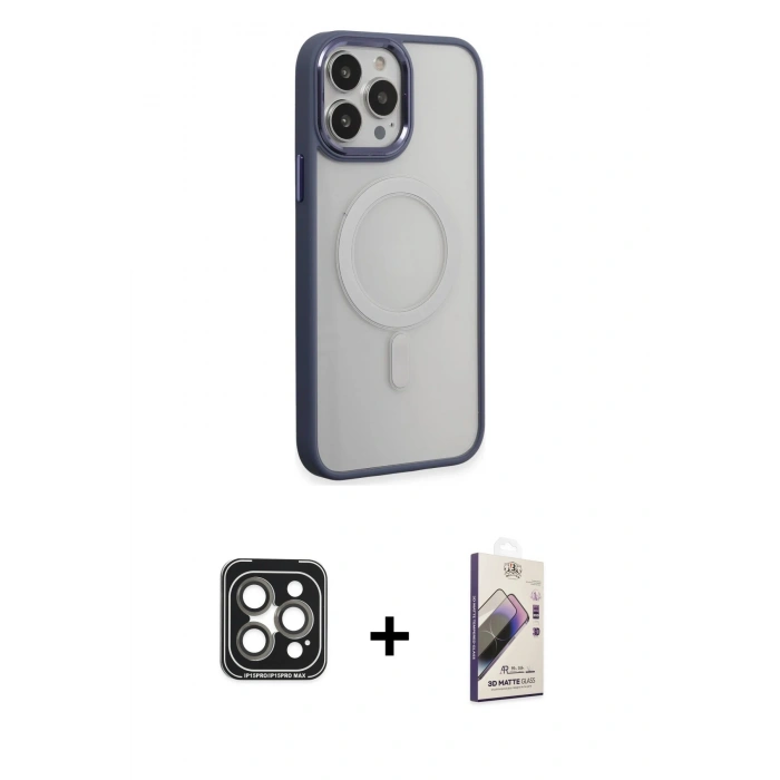 MARSİLYAN™- iPhone 15 Pro Max Kılıf Yankı Işık Özel Seri - Siyah Bilvis 3D Mat Cam Ekran Koruyucu + PVD Metal Kamera Lens - GI