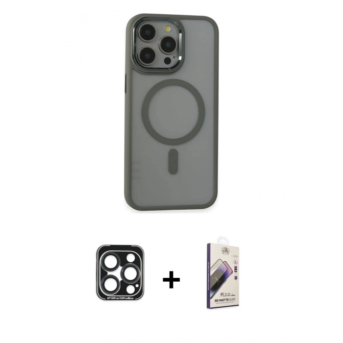 MARSİLYAN™- iPhone 15 Pro Max Kılıf Yankı Işık Özel Seri - Siyah Bilvis 3D Mat Cam Ekran Koruyucu + PVD Metal Kamera Lens - LT