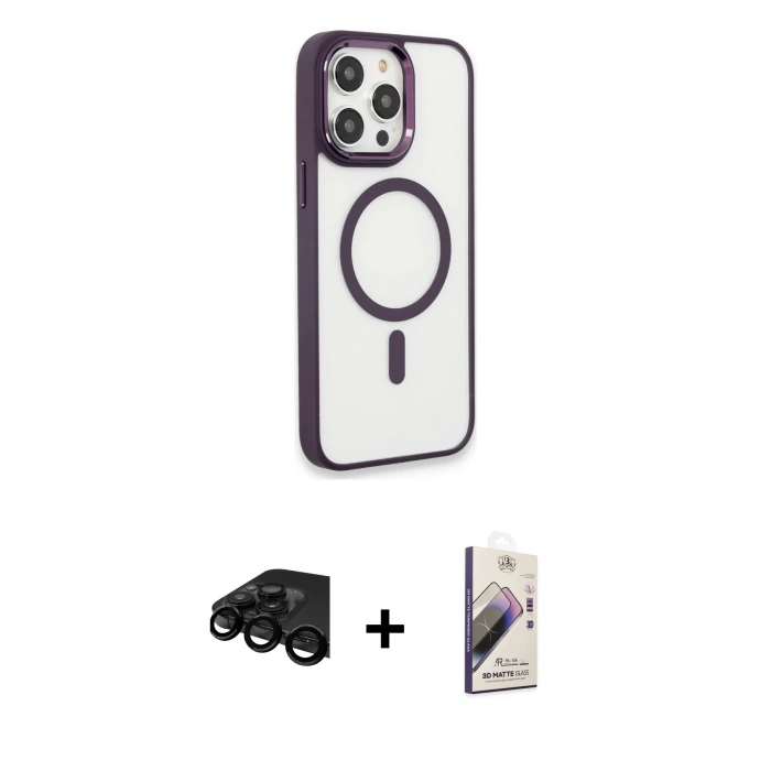 MARSİLYAN™- iPhone 15 Pro Max Kılıf Yankı Işık Özel Seri - Siyah Bilvis 3D Mat Cam Ekran Koruyucu + Raze Metal Kamera Lens - SH