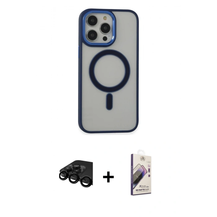 MARSİLYAN™- iPhone 15 Pro Max Kılıf Yankı Işık Özel Seri - Siyah Bilvis 3D Mat Cam Ekran Koruyucu + Raze Metal Kamera Lens - SH