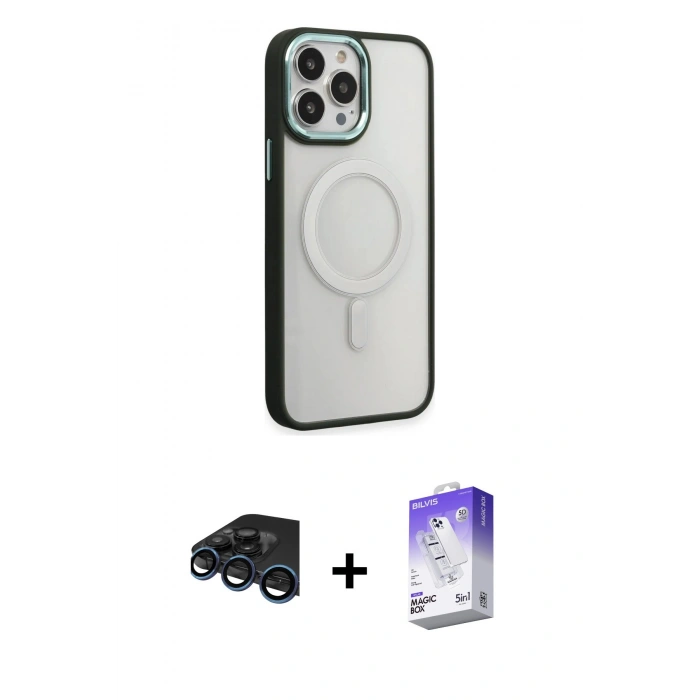 MARSİLYAN™- iPhone 15 Pro Max Kılıf Yankı Işık Özel Seri - Siyah Bilvis 5in1 3D Magic Cam Ekran Koruyucu + Raze Metal Kamera Lens - LT