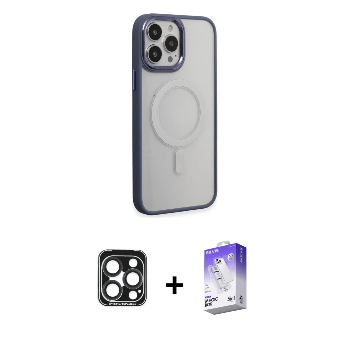 MARSİLYAN™- iPhone 15 Pro Max Kılıf Yankı Işık Özel Seri - Siyah Bilvis 5in1 3D Magic Cam Ekran Koruyucu + Lacivert PVD Metal Kamera Lens