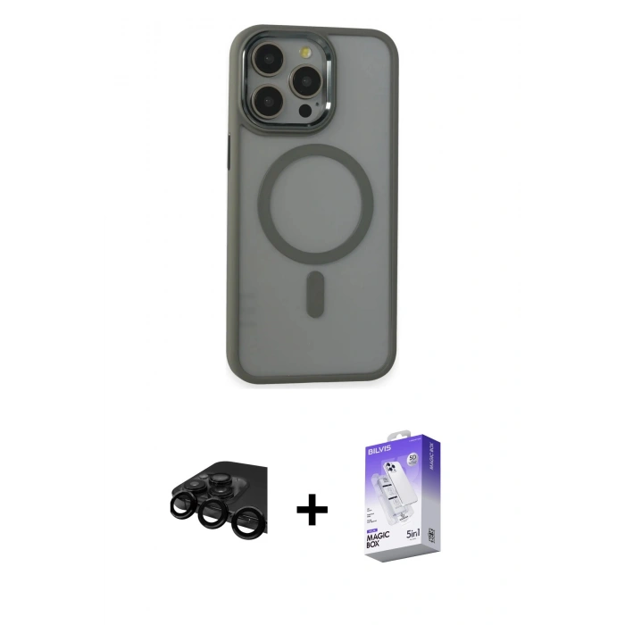 MARSİLYAN™- iPhone 15 Pro Max Kılıf Yankı Işık Özel Seri - Siyah Bilvis 5in1 3D Magic Cam Ekran Koruyucu + Raze Metal Kamera Lens - SH