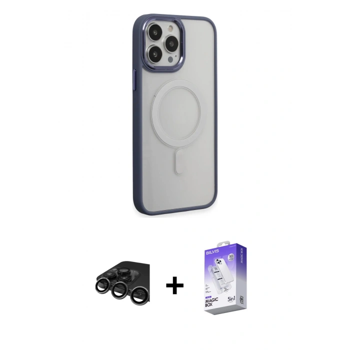 MARSİLYAN™- iPhone 15 Pro Max Kılıf Yankı Işık Özel Seri - Siyah Bilvis 5in1 3D Magic Cam Ekran Koruyucu + Titanyum Gri Raze Metal Kamera Lens