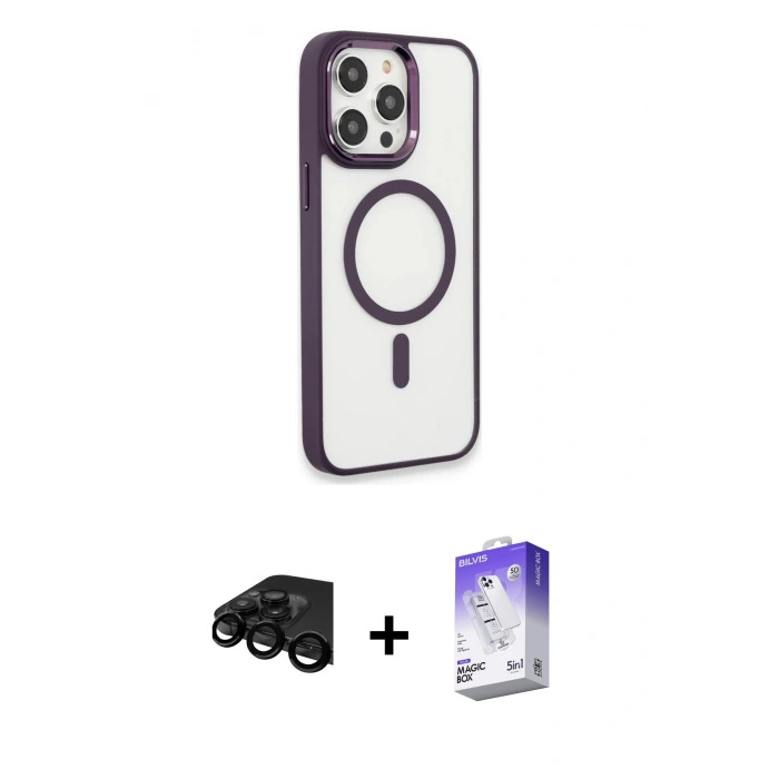 MARSİLYAN™- iPhone 15 Pro Max Kılıf Yankı Işık Özel Seri - Siyah Bilvis 5in1 3D Magic Cam Ekran Koruyucu + Raze Metal Kamera Lens - SH