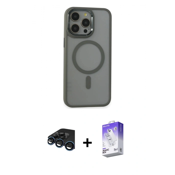 MARSİLYAN™- iPhone 15 Pro Max Kılıf Yankı Işık Özel Seri - Siyah Bilvis 5in1 3D Magic Cam Ekran Koruyucu + Raze Metal Kamera Lens - LT