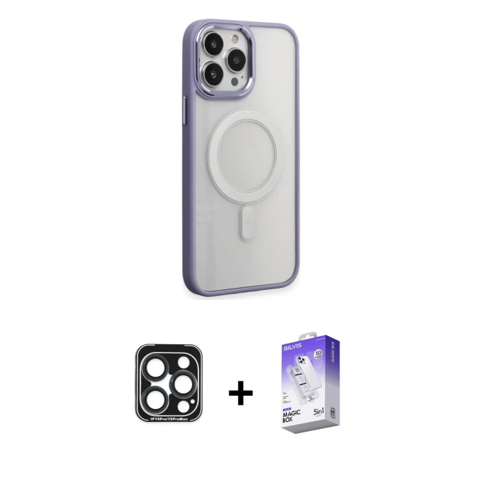 MARSİLYAN™- iPhone 15 Pro Max Kılıf Yankı Işık Özel Seri - Siyah Bilvis 5in1 3D Magic Cam Ekran Koruyucu + Lacivert PVD Metal Kamera Lens