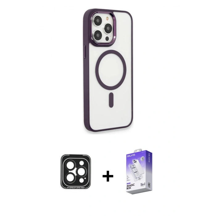 MARSİLYAN™- iPhone 15 Pro Max Kılıf Yankı Işık Özel Seri - Siyah Bilvis 5in1 3D Magic Cam Ekran Koruyucu + PVD Metal Kamera Lens - SH