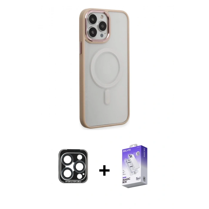 MARSİLYAN™- iPhone 15 Pro Max Kılıf Yankı Işık Özel Seri - Siyah Bilvis 5in1 3D Magic Cam Ekran Koruyucu + Lacivert PVD Metal Kamera Lens