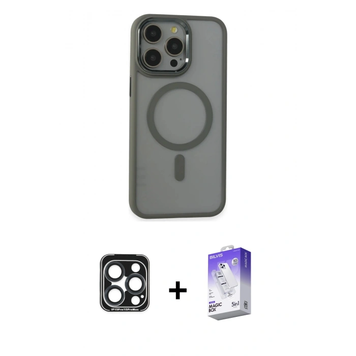 MARSİLYAN™- iPhone 15 Pro Max Kılıf Yankı Işık Özel Seri - Siyah Bilvis 5in1 3D Magic Cam Ekran Koruyucu + Lacivert PVD Metal Kamera Lens