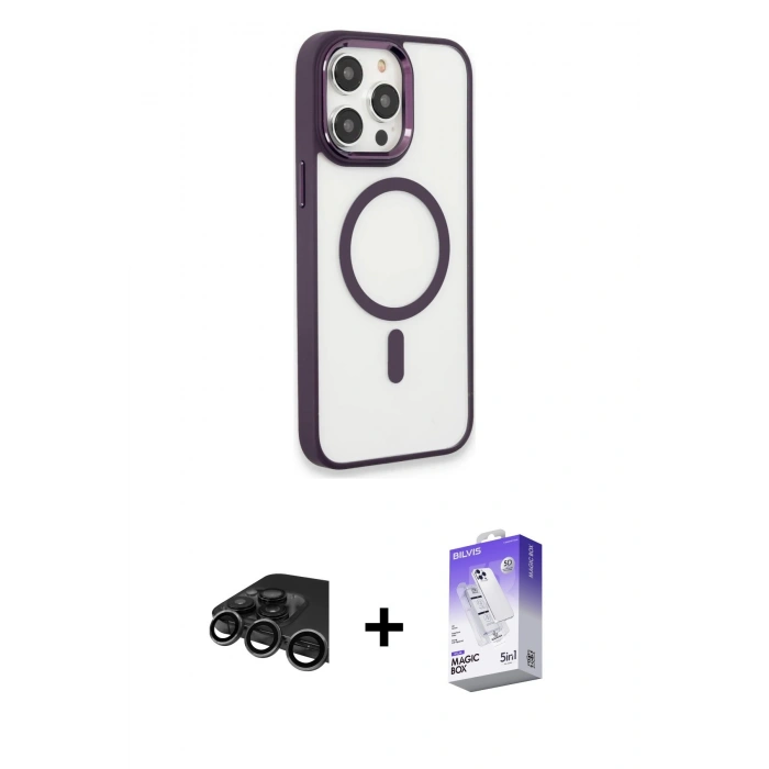 MARSİLYAN™- iPhone 15 Pro Max Kılıf Yankı Işık Özel Seri - Siyah Bilvis 5in1 3D Magic Cam Ekran Koruyucu + Raze Metal Kamera Lens - TMGI
