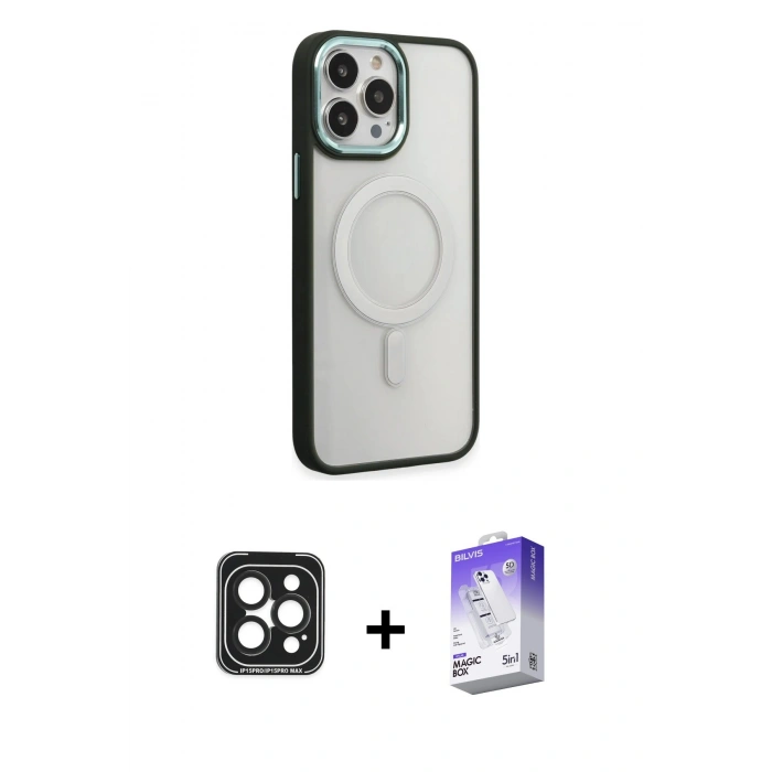 MARSİLYAN™- iPhone 15 Pro Max Kılıf Yankı Işık Özel Seri - Siyah Bilvis 5in1 3D Magic Cam Ekran Koruyucu + PVD Metal Kamera Lens - SH
