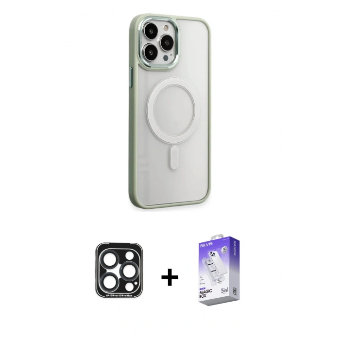 MARSİLYAN™- iPhone 15 Pro Max Kılıf Yankı Işık Özel Seri - Siyah Bilvis 5in1 3D Magic Cam Ekran Koruyucu + Lacivert PVD Metal Kamera Lens