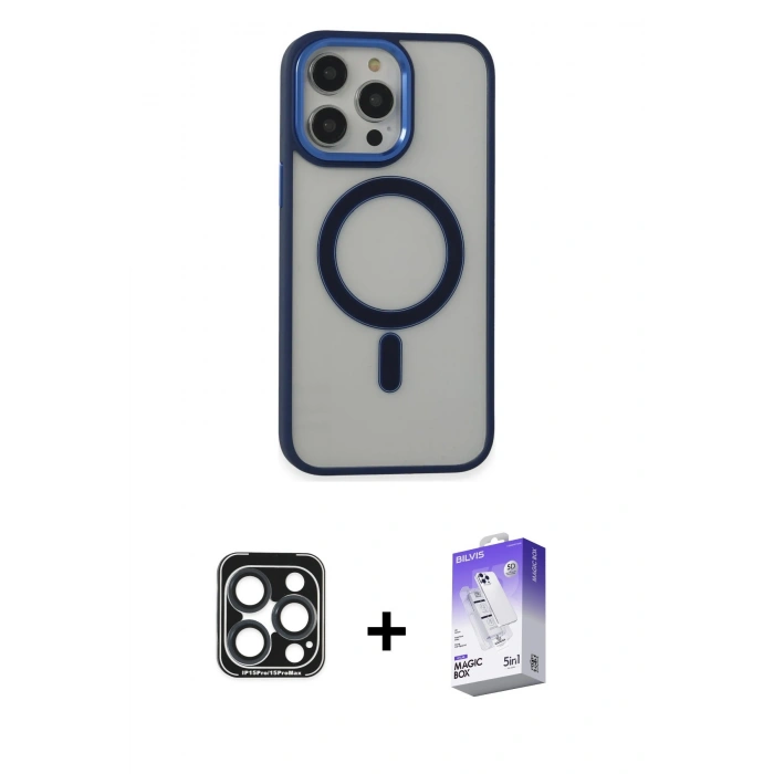 MARSİLYAN™- iPhone 15 Pro Max Kılıf Yankı Işık Özel Seri - Siyah Bilvis 5in1 3D Magic Cam Ekran Koruyucu + Lacivert PVD Metal Kamera Lens