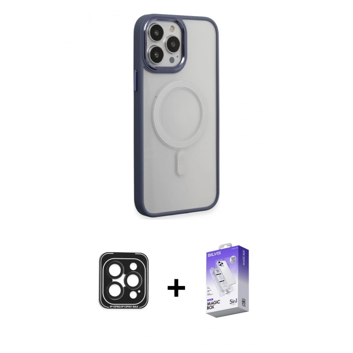 MARSİLYAN™- iPhone 15 Pro Max Kılıf Yankı Işık Özel Seri - Siyah Bilvis 5in1 3D Magic Cam Ekran Koruyucu + PVD Metal Kamera Lens - SH
