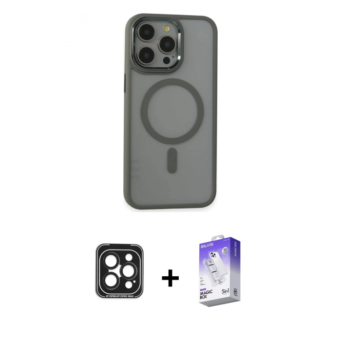 MARSİLYAN™- iPhone 15 Pro Max Kılıf Yankı Işık Özel Seri - Siyah Bilvis 5in1 3D Magic Cam Ekran Koruyucu + PVD Metal Kamera Lens - SH