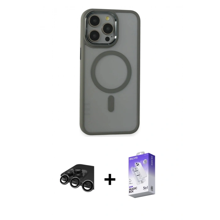 MARSİLYAN™- iPhone 15 Pro Max Kılıf Yankı Işık Özel Seri - Siyah Bilvis 5in1 3D Magic Cam Ekran Koruyucu + Raze Metal Kamera Lens - TMGI