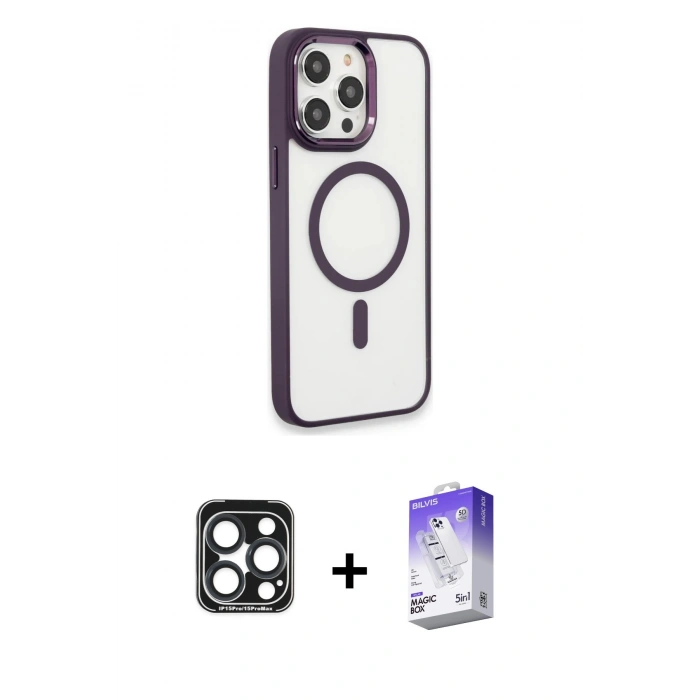 MARSİLYAN™- iPhone 15 Pro Max Kılıf Yankı Işık Özel Seri - Siyah Bilvis 5in1 3D Magic Cam Ekran Koruyucu + Lacivert PVD Metal Kamera Lens