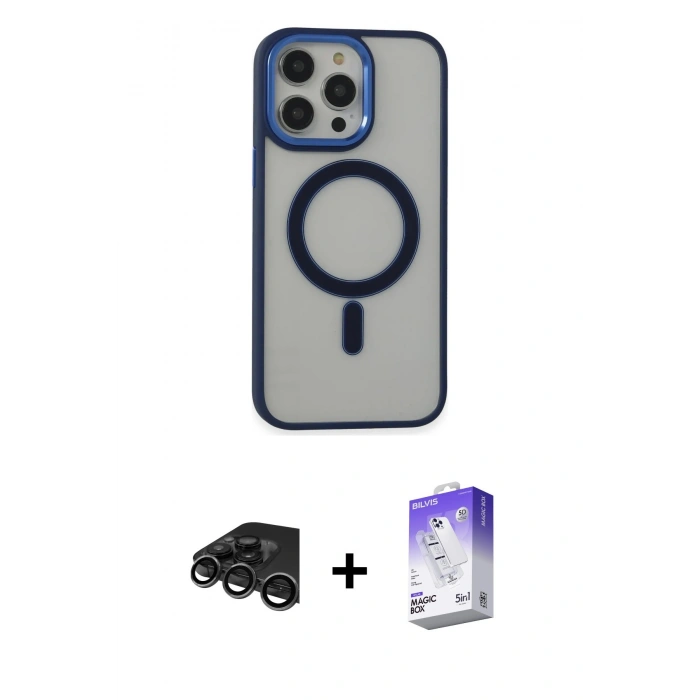 MARSİLYAN™- iPhone 15 Pro Max Kılıf Yankı Işık Özel Seri - Siyah Bilvis 5in1 3D Magic Cam Ekran Koruyucu + Titanyum Gri Raze Metal Kamera Lens