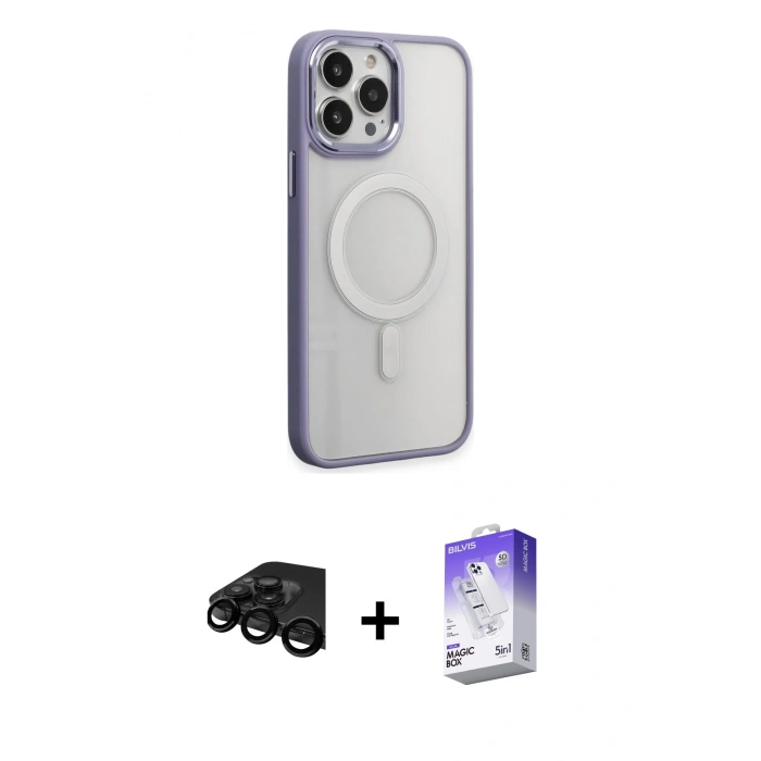 MARSİLYAN™- iPhone 15 Pro Max Kılıf Yankı Işık Özel Seri - Siyah Bilvis 5in1 3D Magic Cam Ekran Koruyucu + Raze Metal Kamera Lens - SH