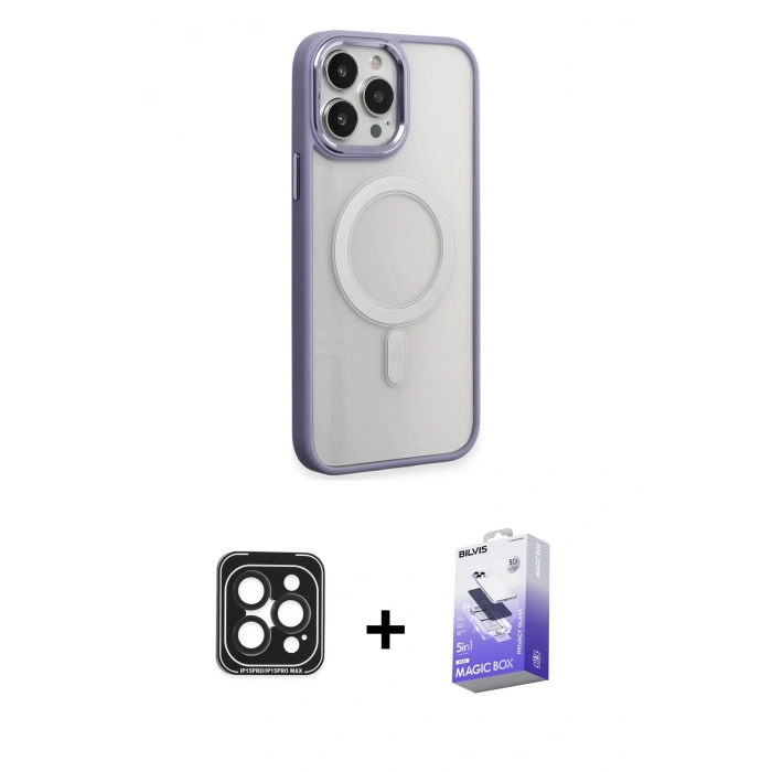 MARSİLYAN™- iPhone 15 Pro Max Kılıf Yankı Işık Özel Seri - Siyah Bilvis 5in1 5D Magic Hayalet Cam Ekran Koruyucu + PVD Metal Kamera Lens - SH