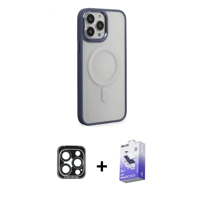 MARSİLYAN™- iPhone 15 Pro Max Kılıf Yankı Işık Özel Seri - Siyah Bilvis 5in1 5D Magic Hayalet Cam Ekran Koruyucu + PVD Metal Kamera Lens - LT
