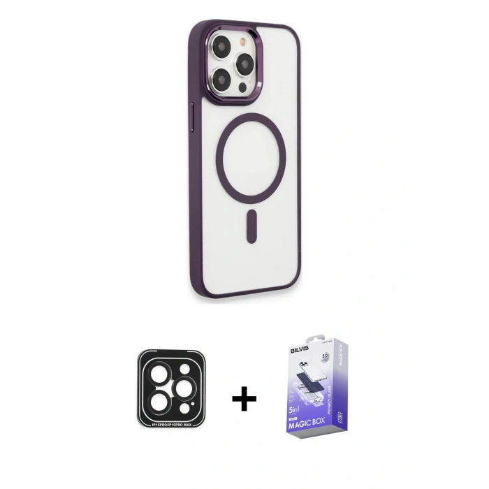 MARSİLYAN™- iPhone 15 Pro Max Kılıf Yankı Işık Özel Seri - Siyah Bilvis 5in1 5D Magic Hayalet Cam Ekran Koruyucu + PVD Metal Kamera Lens - SH