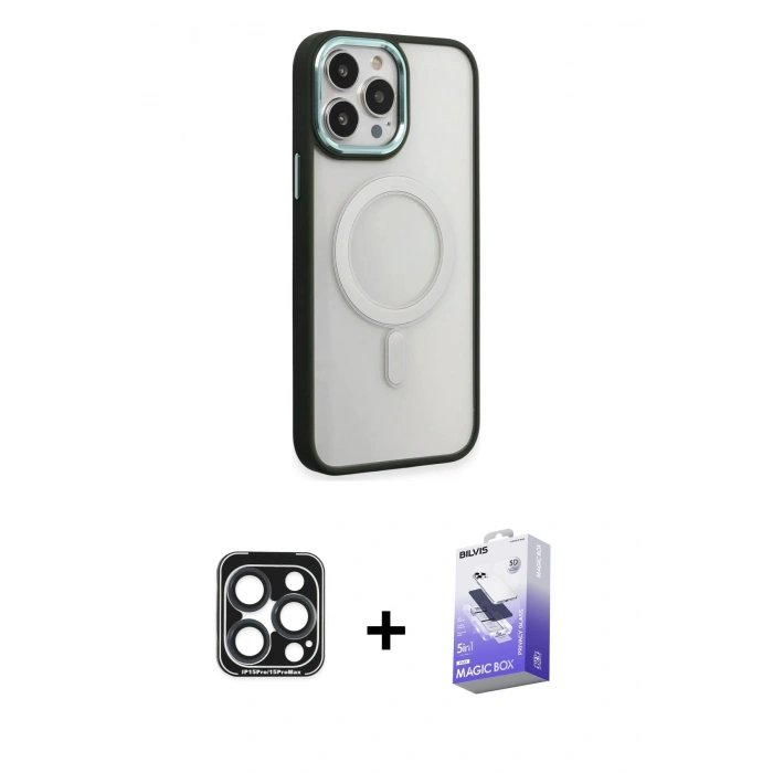 MARSİLYAN™- iPhone 15 Pro Max Kılıf Yankı Işık Özel Seri - Siyah Bilvis 5in1 5D Magic Hayalet Cam Ekran Koruyucu + PVD Metal Kamera Lens - LT