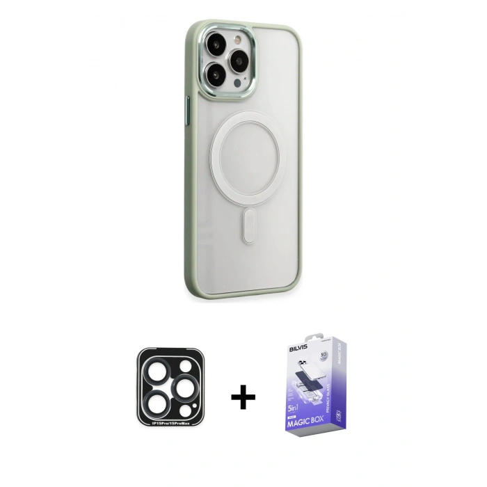 MARSİLYAN™- iPhone 15 Pro Max Kılıf Yankı Işık Özel Seri - Siyah Bilvis 5in1 5D Magic Hayalet Cam Ekran Koruyucu + PVD Metal Kamera Lens - LT