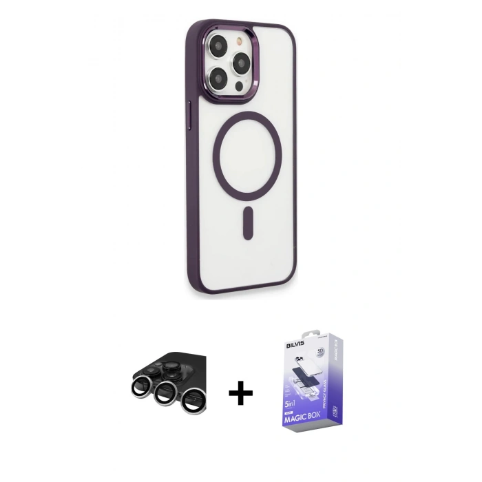 MARSİLYAN™- iPhone 15 Pro Max Kılıf Yankı Işık Özel Seri - Siyah Bilvis 5in1 5D Magic Hayalet Cam Ekran Koruyucu + Raze Metal Kamera Lens - GS