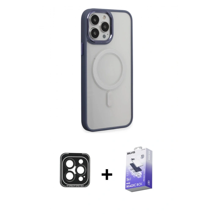 MARSİLYAN™- iPhone 15 Pro Max Kılıf Yankı Işık Özel Seri - Siyah Bilvis 5in1 5D Magic Hayalet Cam Ekran Koruyucu + PVD Metal Kamera Lens - SH