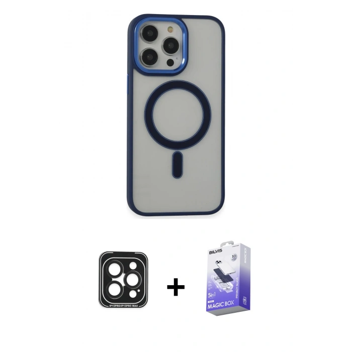 MARSİLYAN™- iPhone 15 Pro Max Kılıf Yankı Işık Özel Seri - Siyah Bilvis 5in1 5D Magic Hayalet Cam Ekran Koruyucu + PVD Metal Kamera Lens - SH
