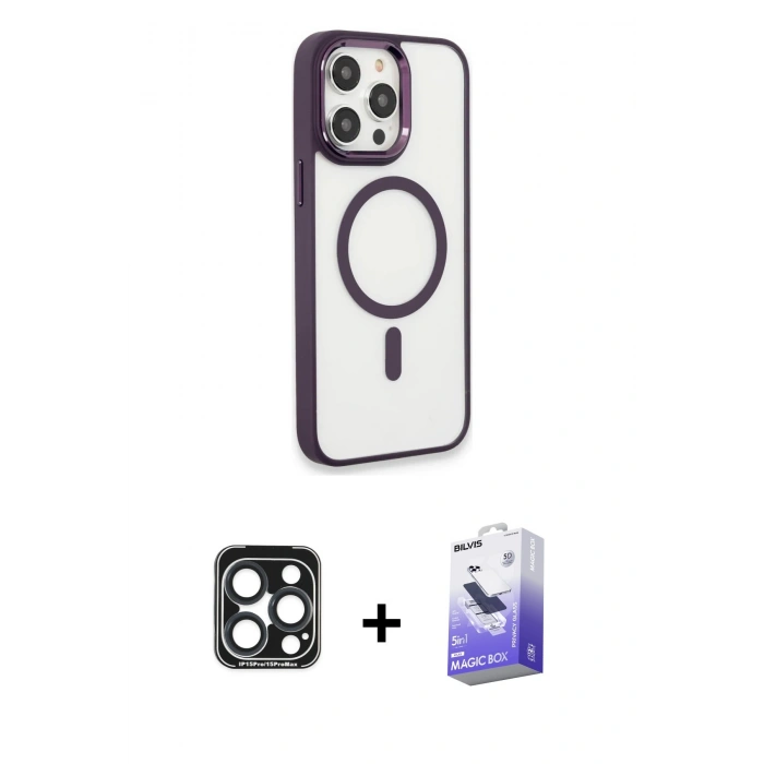 MARSİLYAN™- iPhone 15 Pro Max Kılıf Yankı Işık Özel Seri - Siyah Bilvis 5in1 5D Magic Hayalet Cam Ekran Koruyucu + PVD Metal Kamera Lens - LT