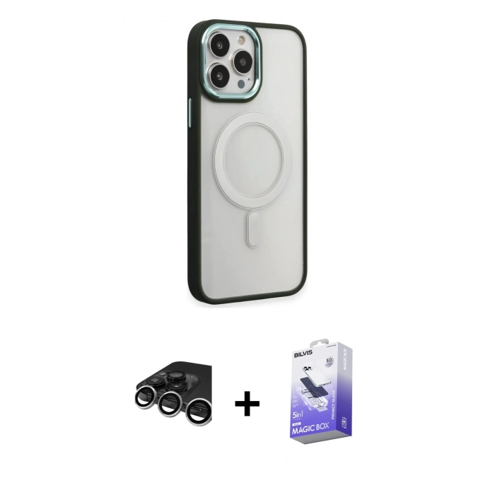 MARSİLYAN™- iPhone 15 Pro Max Kılıf Yankı Işık Özel Seri - Siyah Bilvis 5in1 5D Magic Hayalet Cam Ekran Koruyucu + Raze Metal Kamera Lens - GS