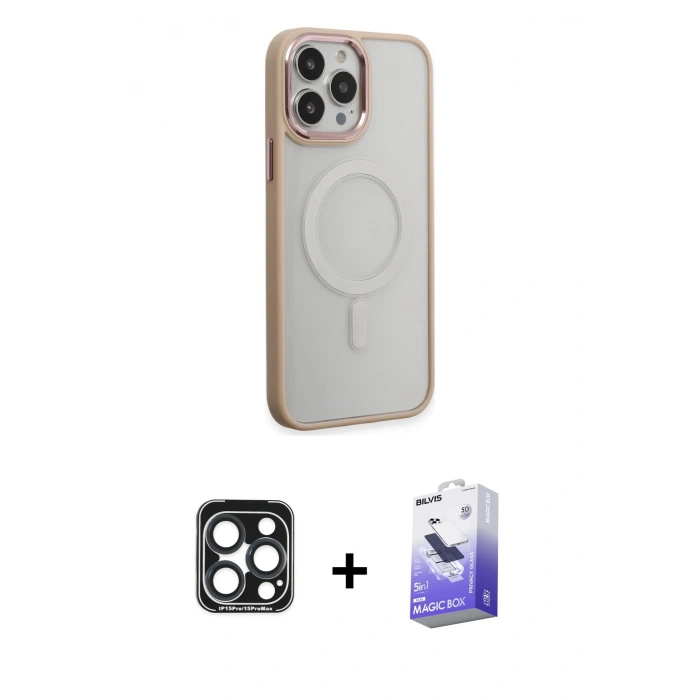 MARSİLYAN™- iPhone 15 Pro Max Kılıf Yankı Işık Özel Seri - Siyah Bilvis 5in1 5D Magic Hayalet Cam Ekran Koruyucu + PVD Metal Kamera Lens - LT